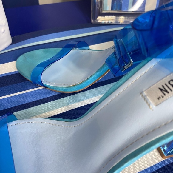 Fashion nova neon blue clear ankle strap square high heel sandals Sz 10 - Picture 8 of 15